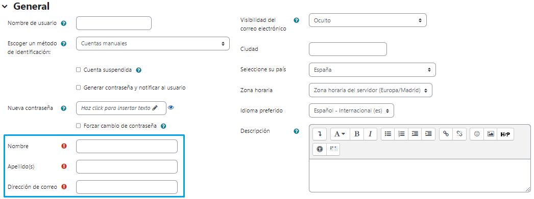 Sección general de datos del usuario